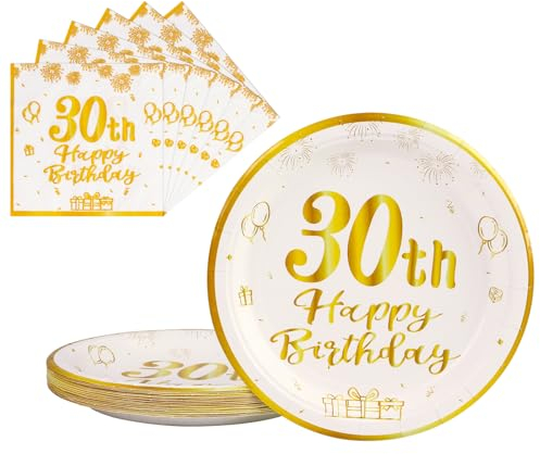 AHPYEUHK 30th Paper Party Plates and Napkins 50pcs 9 White Birthday Party Dessert Tableware Happy Birthday Decorations Party Supplies