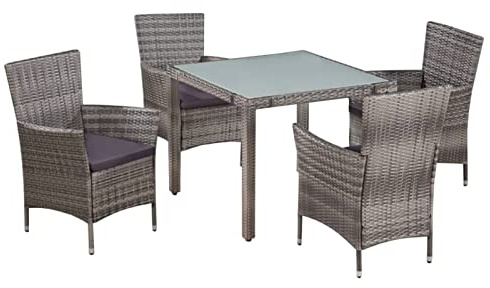 Gaseeto Rattan Essgruppe für 4 Personen Gartenmöbel Set, Garten Sitzgruppe in Grau und Weiß, Rattan Gartenmöbel Set Sitzgarnitur mit Auflagen, Gartengarnitur, Balkonmöbel Set Terrassenmöbel