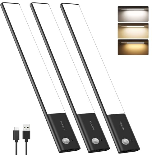 FULEN Unterbauleuchte Küche LED, Schrankbeleuchtung Lampe Bewegungsmelder Innen, 38cm led Licht Kabellos mit Batterie Wiederaufladbar, Unterschrank Beleuchtung Küche, Schwarz, 3 Stück