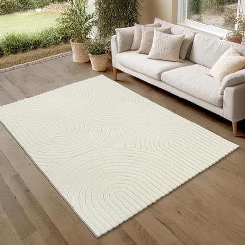 the carpet Parma Teppich Wohnzimmer, Schlafzimmer, Outdoor geeignet, waschbar, moderner Kurzflor mit Hoch-Tief-Effekt, angenehm weich, Creme, 200 x 280 cm