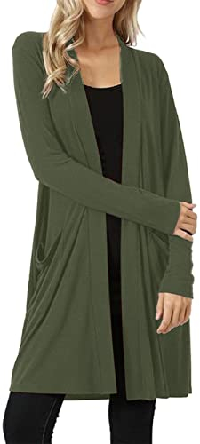 Cardigan da donna casual da donna leggero aperto davanti cardigan solido morbido a maniche lunghe maglione con tasche 2t maglione ragazzi cardigan, Verde militare, M