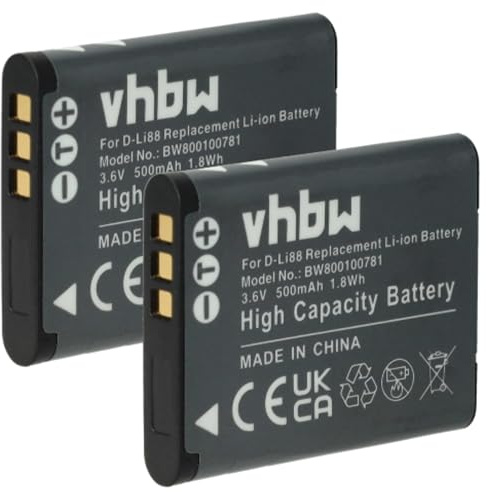vhbw 2X Akku Ersatz für Pentax D-Li88 für Kamera (500 mAh, 3,6 V, Li-Ion)