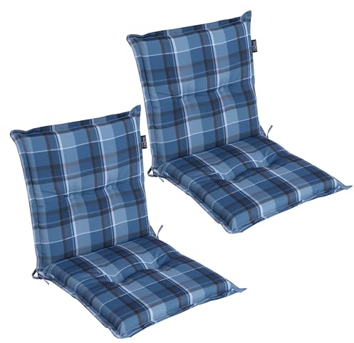 LILENO HOME Gartenstuhl Auflagen als [2er Set - Niedriglehner] in Karo Blau - Bequeme Liegen als Sitzauflagen für Gartenmöbel - Stuhlkissen für Gartenstühle und Klappstühle MAR