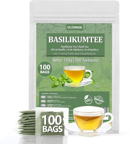 ULTHMOK Té de albahaca | Tulsi 100 bolsitas de té, 100% hojas de albahaca, té de hierbas naturales, bolsitas de té infundidas