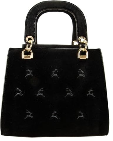 Alpenflüstern Trachtentasche Samt mit Hirschstickerei - Damen Handtasche, Schultertasche fürs Dirndl, Tasche zur Tracht, Dirndltasche mit Metallelemente (schwarz) DTA099