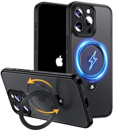 MAGIC JOHN for iPhone 16 Pro Case [Compatible with Magsafe] [with Magnetic Metal Stand][Military Grade Shockproof][Anti Yellowing],Translucent Matte Back with Soft Edge, Black