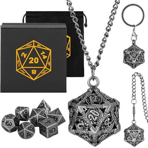 Mini DND Würfel Set mit Tragbarem Schlüsselanhänger, Halskette, Taschenkette, Hohler D20 Drachen Metallkäfig, Winziges 7-teiliges Polyedrisches Metall D/D Würfel Set, DND Geschenke mit Geschenk Box