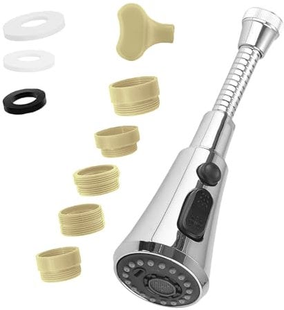 360° Swivel Brushed Nickel Spout, 3 Function Kitchen Tap Spray Head Attachment, Kitchen Sink Tap Spray Attachment Head, Faucet Extender, Replacement Tap End Diffuser, Tap Aerator with Adapter