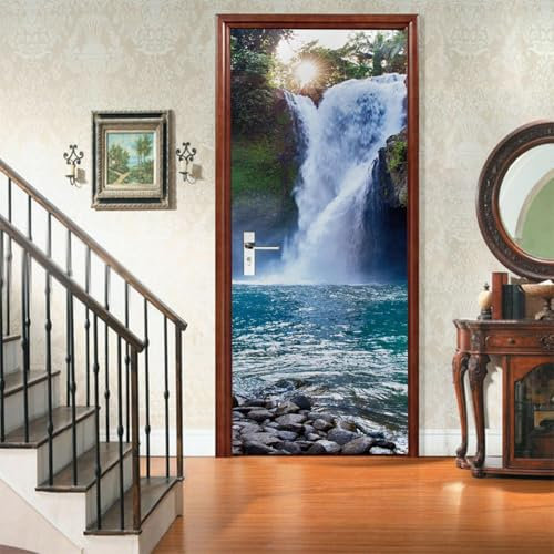 3D Türtapete Türfolie selbstklebend TürPoster Wasserfall Landschaft PVC Türaufkleber Fototapeten 95x215 Wasserfest Wandtattoo Für Schlafzimmer Wohnzimmer Tür Dekoration Tapete