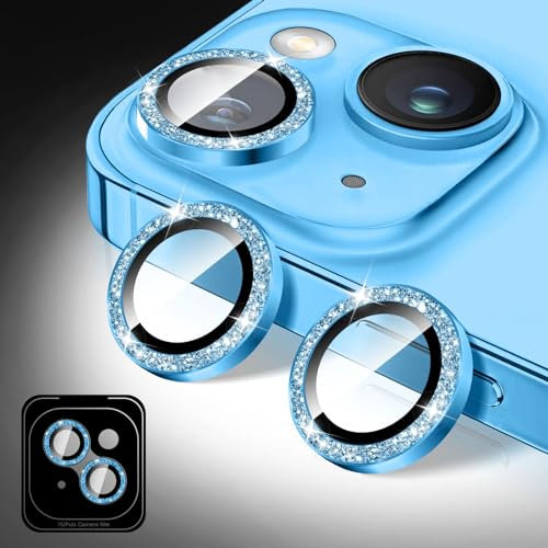 Kucheed Protector de Lente de Cámara Compatible con iPhone 13/iPhone 13 Mini, Brillantina Cubierta de Cámara de Cristal Moderada, Anillos Metálicos Individuales de Alineación Automática