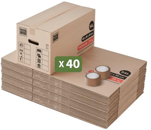 Pack And Move - Set 40 Umzugskartons Premium - 60 x 30 x 30 cm - Extreme Belastbarkeit 30 KG - Wiederverwendbar - Doppelwandig - Verstärkte Griffe - 2 Klebebänder Gratis