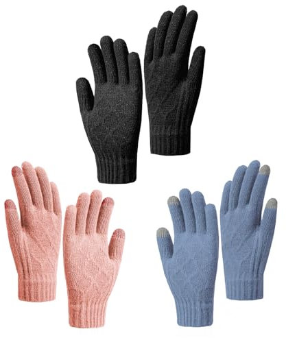 KEYRI 3 Paires Gants Hiver Femme, Chaud Tactile Gants à Ecran Tactiles Tricotés Doux Extensibles Gants pour Hommes et Femmes Ski Vélo Conduite Outdoor Sport (Noir, Rose, Bleu)