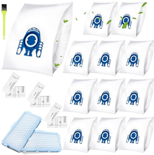 12 sacchetti per aspirapolvere Miele GN 3D Classic C1 Complete C2 C3, S227, S240, S2 S5 e S8 Series Sacchetti per aspirapolvere, 3 filtri di scarico, 3 filtri di protezione e 2 filtri HEPA 1 spazzola