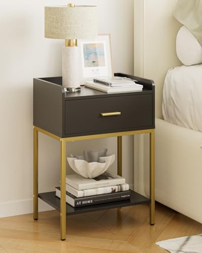 HEYZOEY Table de chevet moderne à 3 niveaux avec tiroir et étagère, petite table d'appoint pour chambre à coucher, salon, noire (sans prise de courant)