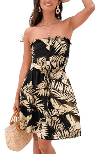 CUPSHE Mini robe d'été florale pour femme avec volants et boutons sur le devant, taille élastique, dos nu, ourlet volanté, robes de printemps, Palmier tropical., Taille XL