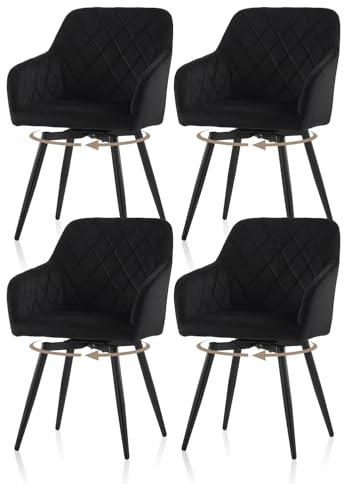 TUKAILAI Esszimmerstühle Drehbar 4er-Set Samt, Drehstuhl Esszimmer mit Armlehnen Rückenlehne Metallbeine,Küchenstuhl Polsterstuhl Armlehnenstuhl für Wohnzimmer Küche Schlafzimmer, Schwarz