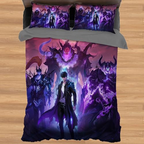 Anime Muster Bettwäsche 135x200,Solo Leveling Kinder Bettwäsche-Sets,Hypoallergen Mikrofaser Mit Reißverschluss Bettbezug + 2 Kissenbezug (Fanartikel)