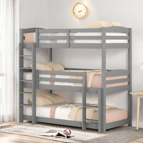 PerGar Kinderbett Etagenbett 90x200cm, Dreier Etagenbett für Kinder, mit Lattenrost und Rausfallshutz, DREI Abnehmbar in Einzelbett, Stockbett Funktionsbett, Hochbett Jugendbett, Grau