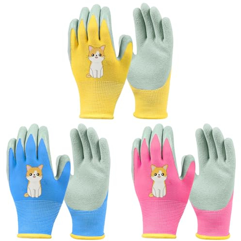 Ainiv 3 Paar Kinder Arbeitshandschuhe, Gartenhandschuhe Kinder | Rutschfeste Latex Schutzhandschuhe mit Handflächenbeschichtung (L18 cm, B7,5 cm, Mittelfinger L7 cm)