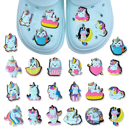 KUMSODE 20 Stück Cartoon-Dekoration für Crocs, DIY Anstecker für Kinder Clogs, Abnehmbare PVC Charms und Pins für Mädchen und Jugendliche, Einhorn-Muster