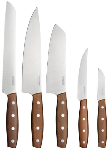 Fiskars Folken Messer-Set, 5-teilig, Kochmesser, Santokumesser, Brotmesser, Tomatenmesser und Schälmesser, Klingen aus deutschem Edelstahl, Griffe aus FSC-zertifiziertem Ahornholz, 1075688