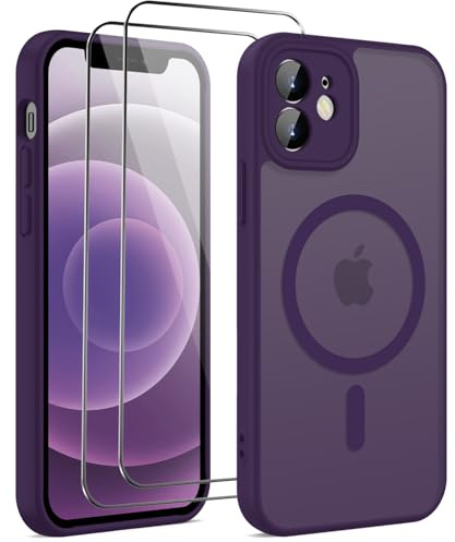 HGH für iPhone 12 Hülle für MagSafe mit 2 Schutzglas, Violett | Vollständiger Kameraschutz Stoßfest Kratzfest Anti-Fingerabdruck Transluzente Rückseite Matt Handyhülle für iPhone 12 Case