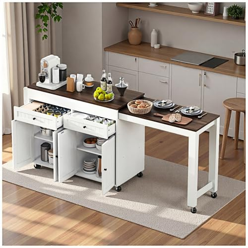 Wyibwy Carrello da cucina con rotelle,sezione pranzo allungabile,isola cucina con piano di lavoro e cassetti,carrello di servizio mobile indipendente,mobili cucina componibile (Bianco + Marrone)