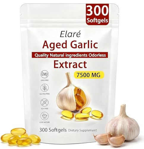 Elare Aged Garlic Extract - Odorless, Organic Garlic Extract Capsules | Heart & Immune Antioxidant Supplements, Vegetarian, All-Natural, Non-GMO, 300 Softgels