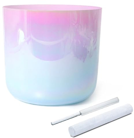 Bol chantant en cristal de 20 cm (8 pouces) en quartz coloré, 432 Hz, for le chakra du plexus solaire (note Mi), idéal for le yoga la méditation et les bains sonores