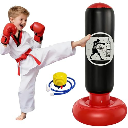 Yunlaishaocer boxningssäck för barn, 160 cm stående boxningssäck, barn, uppblåsbar boxningssäck, stående PVC barnboxningssäck med fotpump, för pojkar och flickor, övning av karate, kickboxning