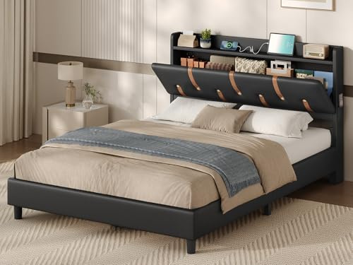 KIMENICH Bett 140 X 200 cm, Polsterbett 140X200 mit Stauraumkopfteil und Steckdosen, Kopfteil mit Offenem Regal, Versteckter Stauraum, Bettrahmen mit Lattenrost, Gepolstertes Bettgestell, PU Schwarz