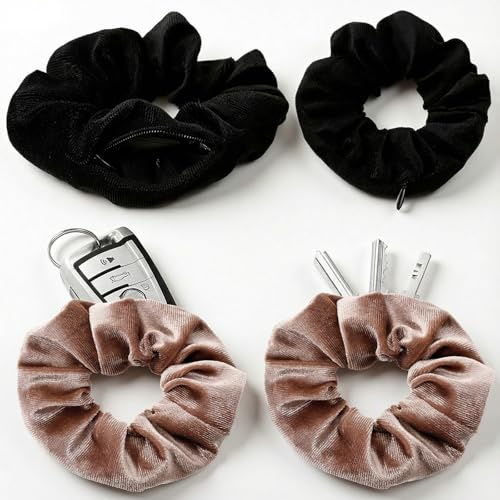 DOPENSPI 4Stück Haargummi mit Reißverschluss, Scrunchie mit Reißverschluss | Samt Haargummis mit Tasche, Samt Haargummi mit Versteckten Taschen, Reißverschluss Weiche Haargummis für Pferdeschwänze