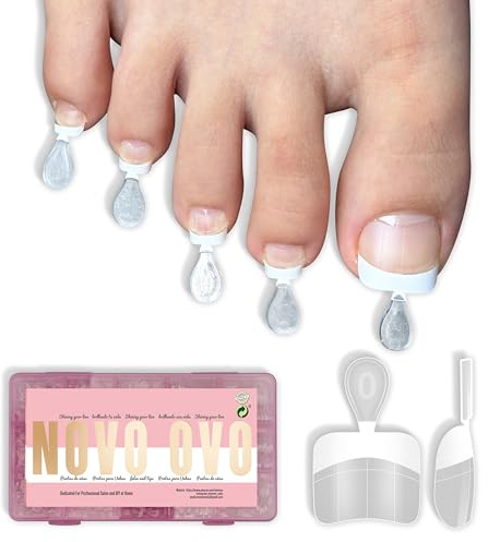 NOVO OVO Round Half Cover Toe Nail Tips White French, Soft Gel False Toenails for Pedicure Extension, Clear Artificial Fake Nails with Auxiliary Line, Pre-designed Acrylic DIY Kit 15 Sizes 240Pcs
