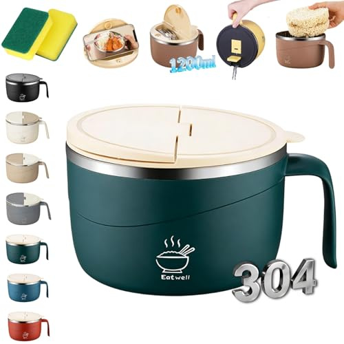 Ramen Bowl with Lid, 2026 New 304 Stainless Steel Insulated Ramen Bowl, 1200ml 4-in-1 Instant Noodle Bowls, Drain Holes, Double Wall Insulated, Leakproof, PP Durable, for Ramenlover(Green)