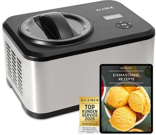KLAMER Eismaschine 1,5 L Edelstahl, 120 W mit Kühlfunktion und Rezeptbuch