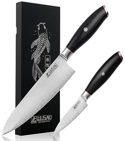 Wusaki Fujiko Black - Coffret 2 Couteaux Design Japonais Chef + Office Lame Acier Inoxydable Haute Teneur Carbone 10Cr