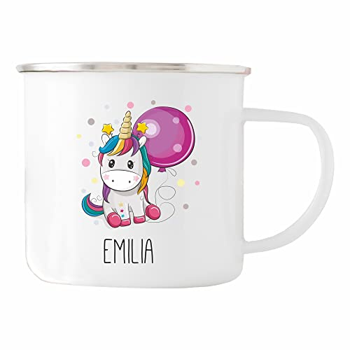 4youDesign Metalltasse Emaille-Look für Kinder -Einhorn- personalisiert mit Namen I Geschenk zum Kindergeburtstag