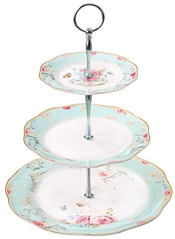 YBK Tech Présentoir à gâteaux vintage à 3 étages en porcelaine Bleu clair