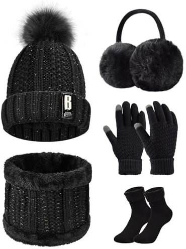 Voqeen 5PCS Womens Winter Scarf Set Knitted Thickend Hat Scarf Set Plush Ear warmers Touch Screen Gloves Thermal Socks For Skiing Outdoor Sports