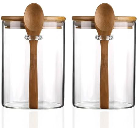 MOLADRI Vorratsdose aus Glas mit luftdichtem Deckel, 450 ml, klein, transparent, dekorativer Behälter mit Holzlöffel, für Kaffee, Gewürze, Süßigkeiten, Salz, Kekse, Zucker, Matcha, Tee