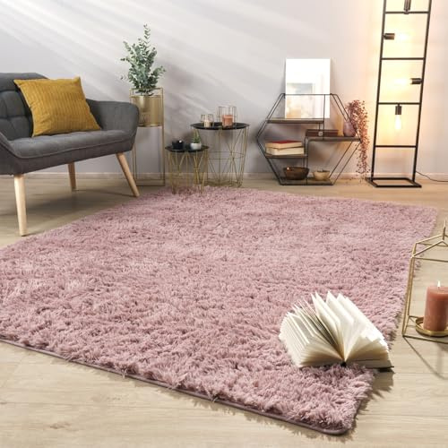 TT Home Teppich Wohnzimmer Hochflor Langflor Weich Soft Modernes Einfarbiges Design, Farbe: Rosa, Größe:160x220 cm