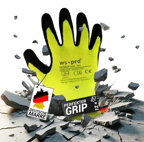 Trevendo 12 Paar Arbeitshandschuhe - neongelbe Montagehandschuhe mit Latex Beschichtung (Größe 7)