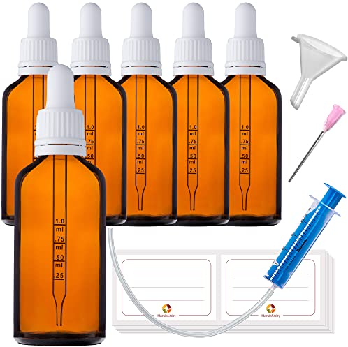 HandsUnity Juego de 6 Frascos de Vidrio Ámbar Para Pipetas - 50ml Con Tapa Blanca y 17 Accesorios - Botellas de Farmacia Marrón
