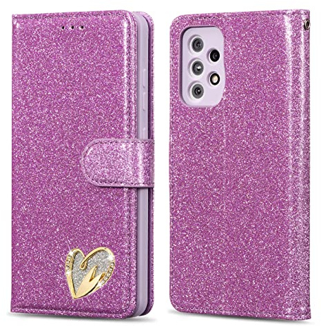 QLTYPRI Hülle für Samsung Galaxy A52/A52S 5G Hülle, Glitzer Handyhülle PU Ledertasche TPU Etui Handschlaufe Kartenfach mit Eingelegten Liebe Herz Diamond Flip Schutzhülle für Samsung A52 - Lila