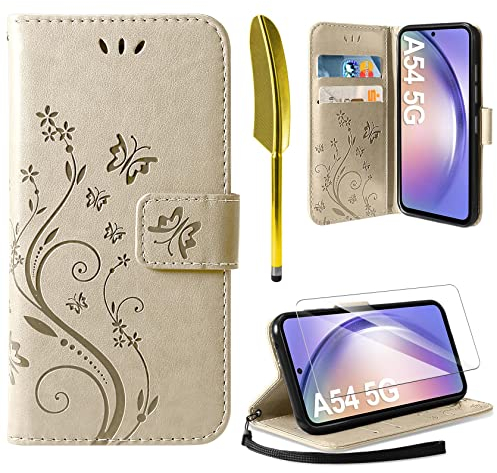AROYI Lederhülle Kompatibel mit Samsung Galaxy A54 5G Hülle und Schutzfolie,Wallet Handyhülle Leder Tasche Kartensteckplätzen Schutzhülle Kompatibel mit Samsung Galaxy A54 5G Golden