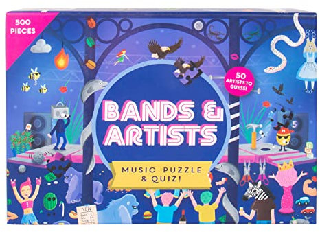 Bands & Artists Music Puzzle & Quiz. 500 Piece Jigsaw Puzzle with 50 Hidden Song Titles. Quiz Sheet & Answers Included.