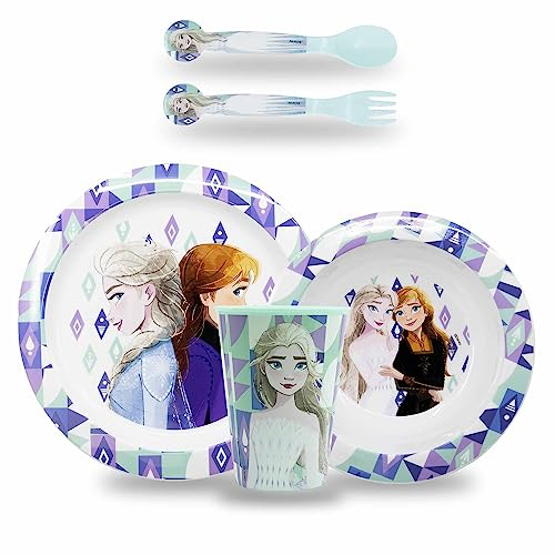 Sorrisini Vajilla Infantil Reutilizable Apta Para Microondas, Juego de Platos Irrompibles de Plástico Para Niños y Bebés, Set Plato, Cuenco Para Cereal, Cubiertos, Taza 260ml, Sin BPA Frozen