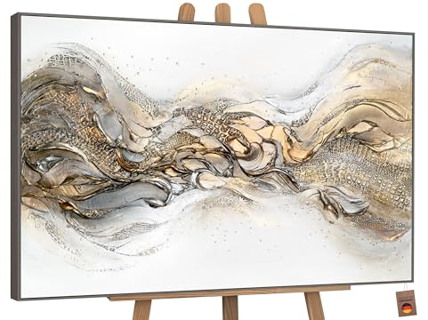 YS-Art Luxus Abstrakt Acryl Gemälde auf Leinwand Anmut handgemalt Wandbilder Wohnzimmer modern Wohndekor Praxis Lobby Gold Weiß Bild echtes Kunstwerk 140x100 cm