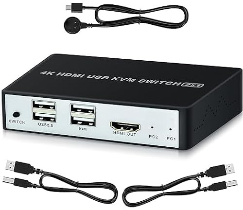 Conmutador KVM HDMI USB 2 puertos 4K, conmutador KVM SZJUNXIAO 2 entradas y 1 salida compatible con conmutador KVM UHD 4K@60Hz 2 PC 1 monitor con 2 cables USB, controlador de conmutación de escritorio
