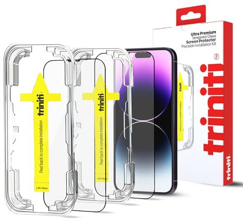 TRINITI 2-Pack, Full Coverage Screen Protector with Easy Installation Kit designed for iPhone 14 Pro Max 6.7-Inch, Anti Scratch, Impact Protection, 9H Hardness, Case-Friendly, HD Clear